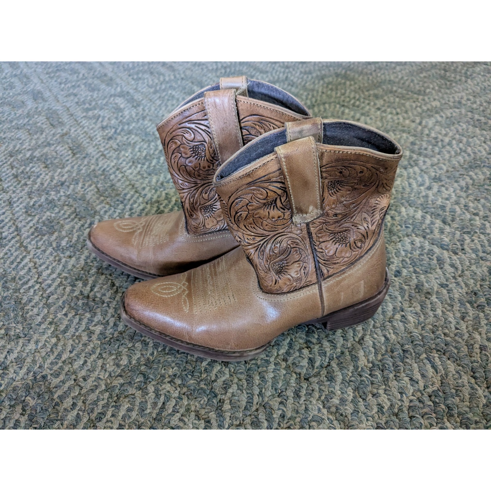 Roper Womens Tan Brown Leather Embossed Floral Western Cowgirl Boots Size 5.5